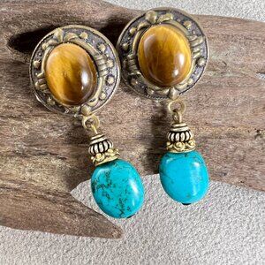 Artisan Bronze Tiger Eye Moonstone Blue Turquoise Dangle Earrings Vintage Chic